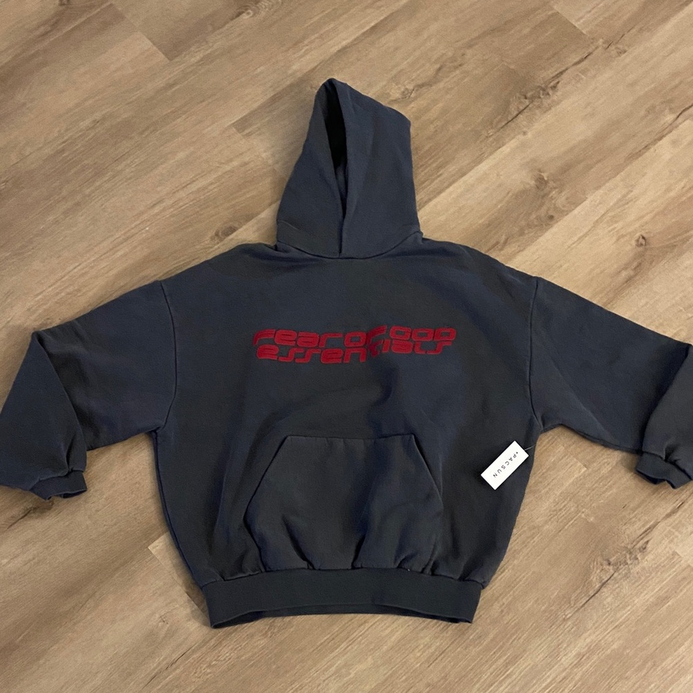 Fear of God Essentials Charcoal Hoodie with Red Logo Embroidery